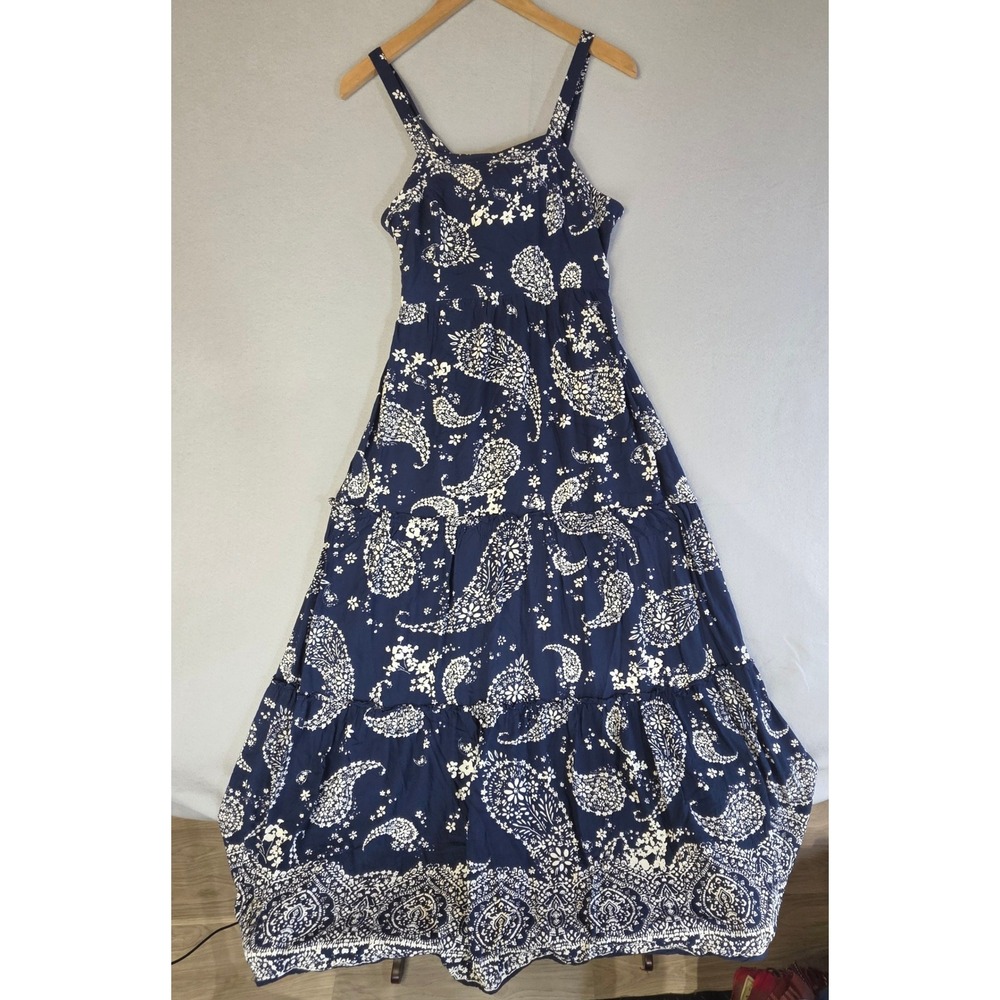 Patrons Of Peace Boho Paisley Tiered Maxi Dress S Navy Blue Cottagecore Festival